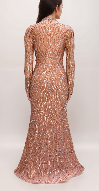 Sequin & Cutdana Embellished Peach Gown | Full Sleeves Peach Evening Gown