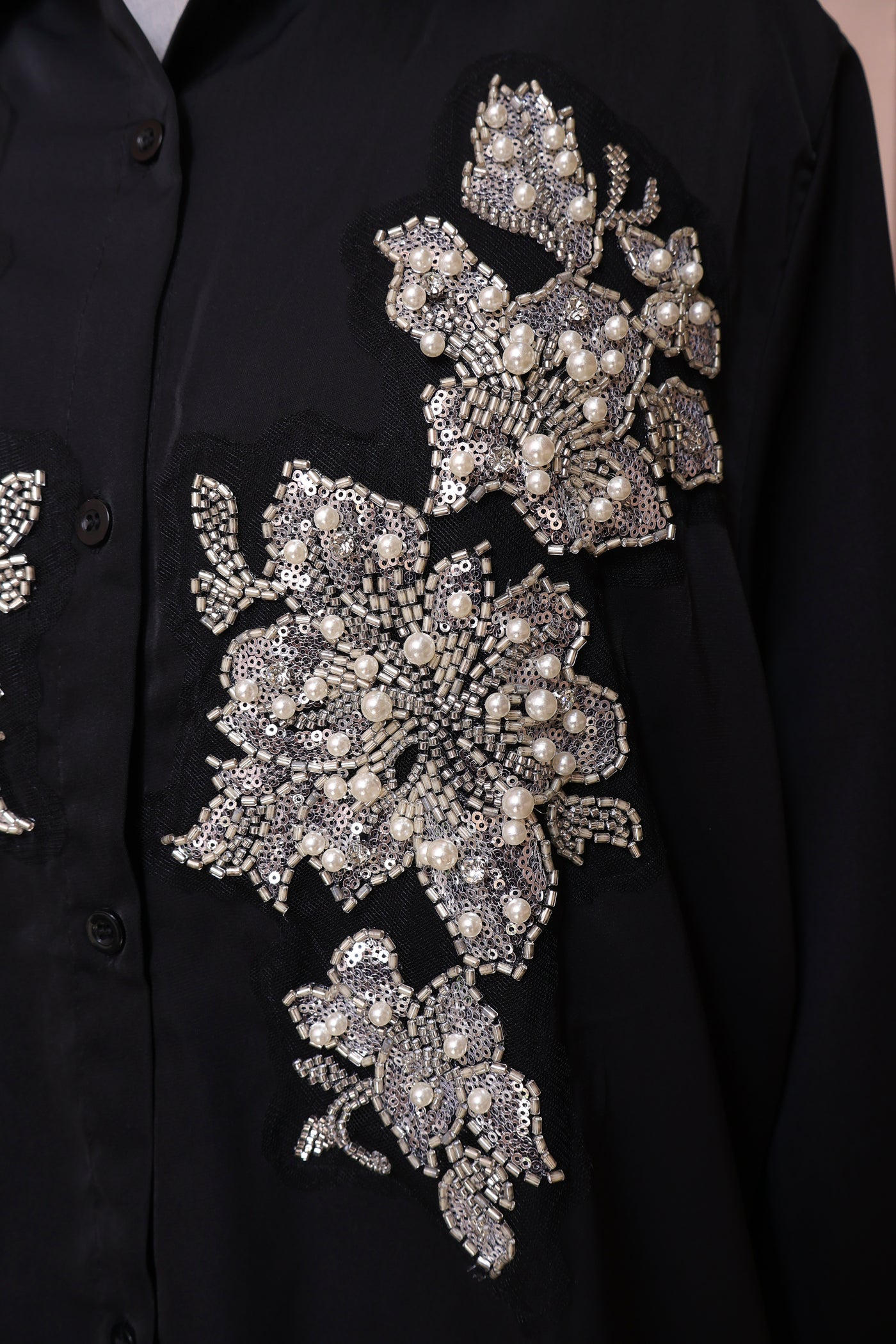 Black Shirt for Women with Pearl, Glass Beads and Sequin Embellishments Patch
