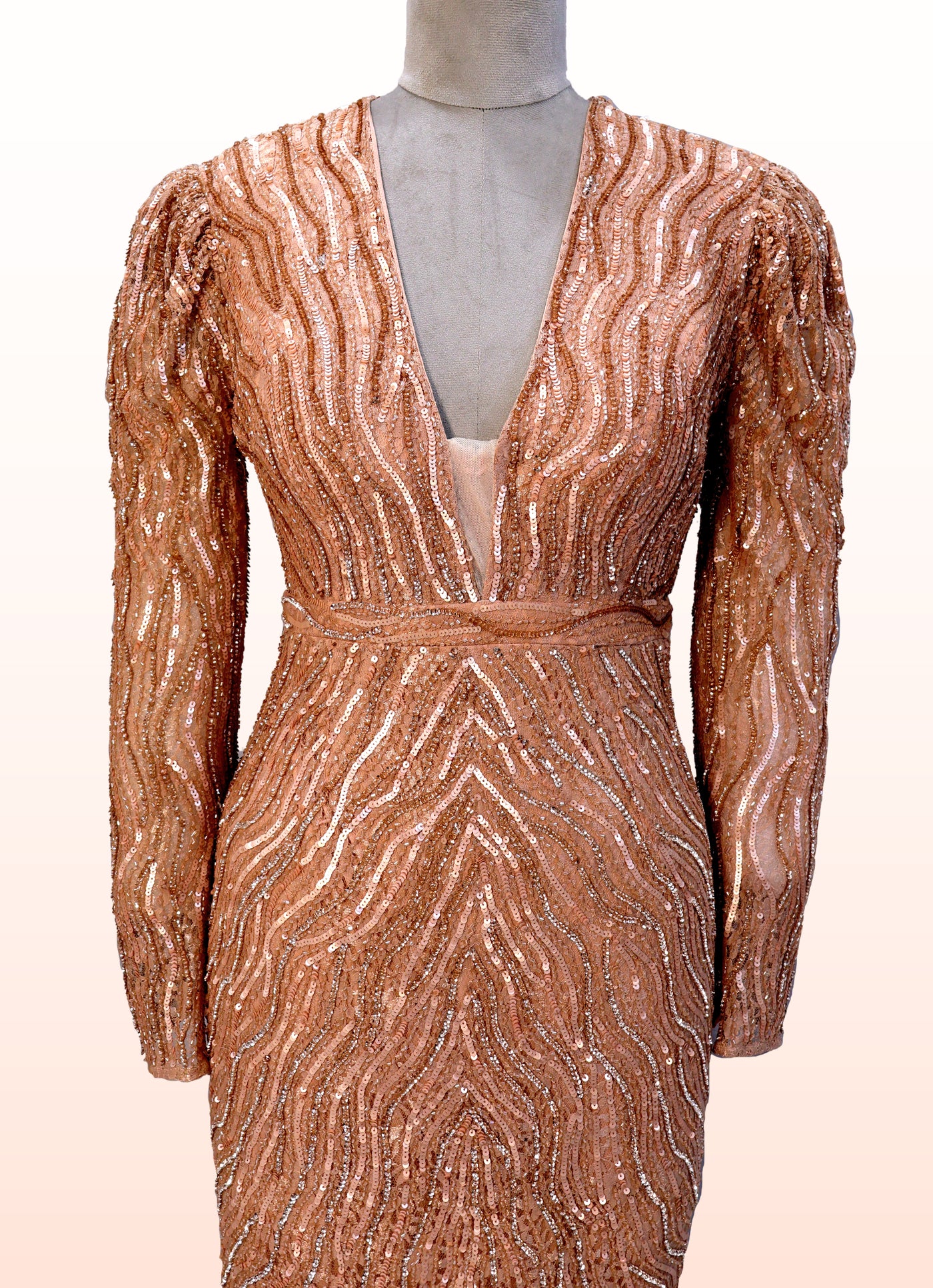 Sequin & Cutdana Embellished Peach Gown | Full Sleeves Peach Evening Gown