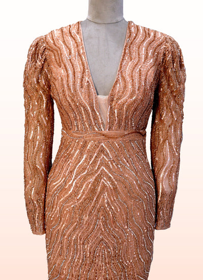 Sequin & Cutdana Embellished Peach Gown | Full Sleeves Peach Evening Gown