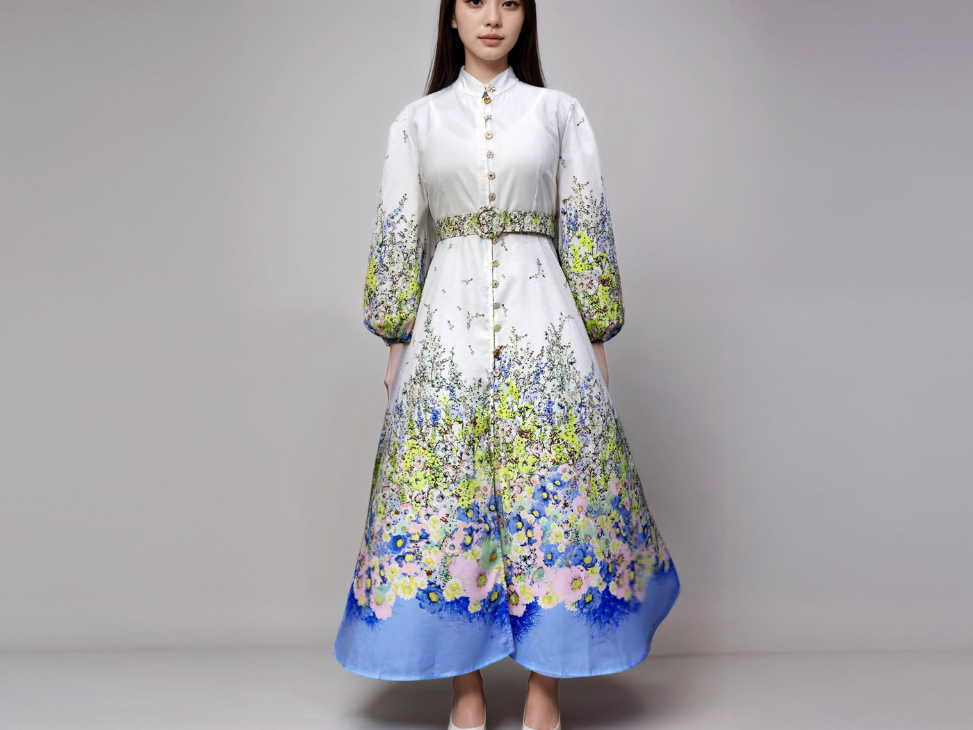 Floral French Printed A-Line Maxi dress for women with Long Balloon Sleeves