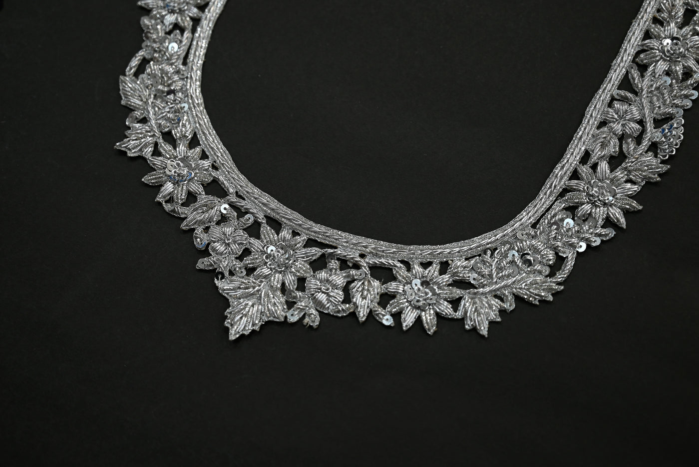 Metallic Silver Hand Zardozi Embroidered Neckline Patch with Sleeves