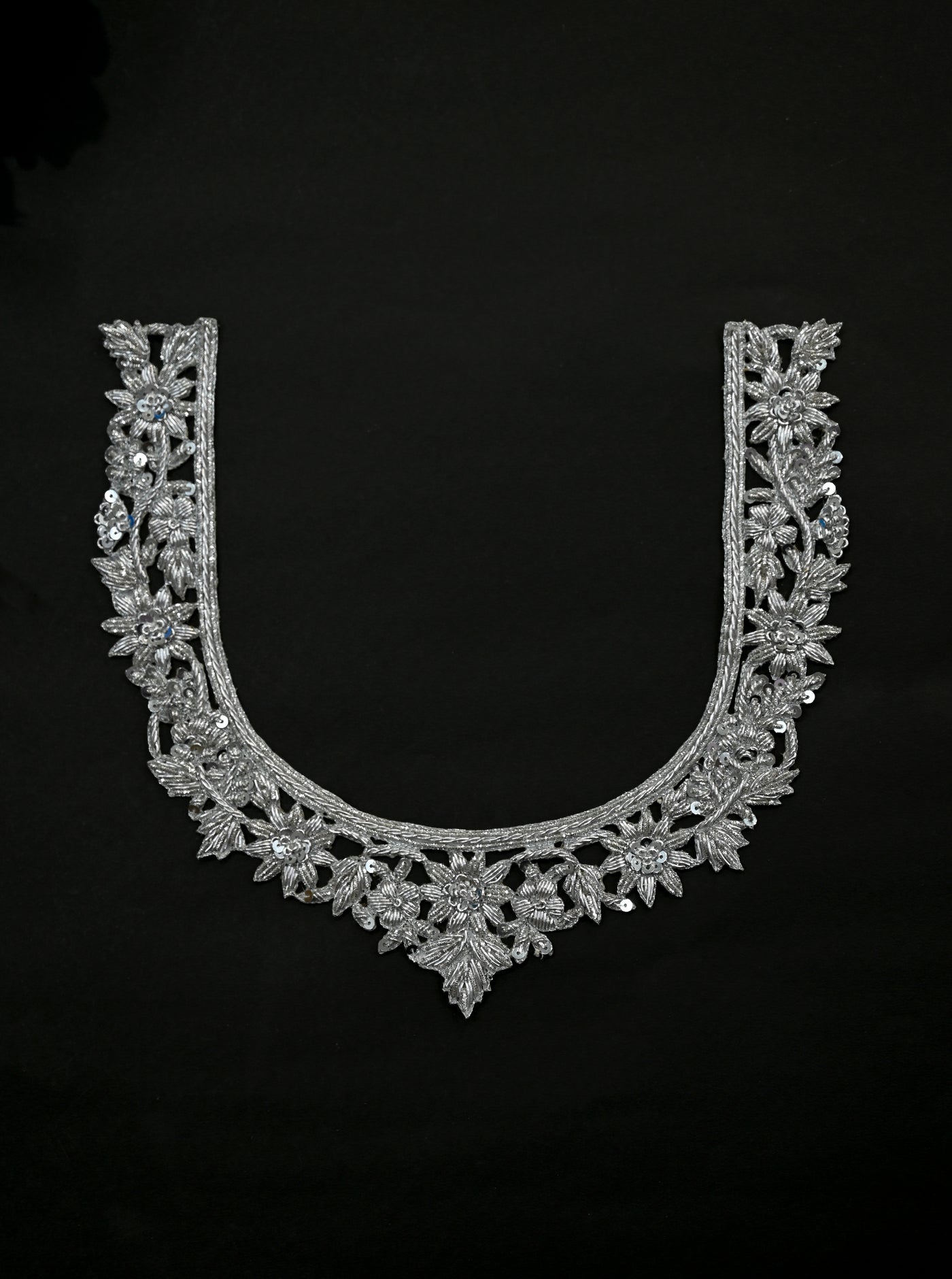 Metallic Silver Hand Zardozi Embroidered Neckline Patch with Sleeves