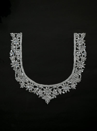 Metallic Silver Hand Zardozi Embroidered Neckline Patch with Sleeves