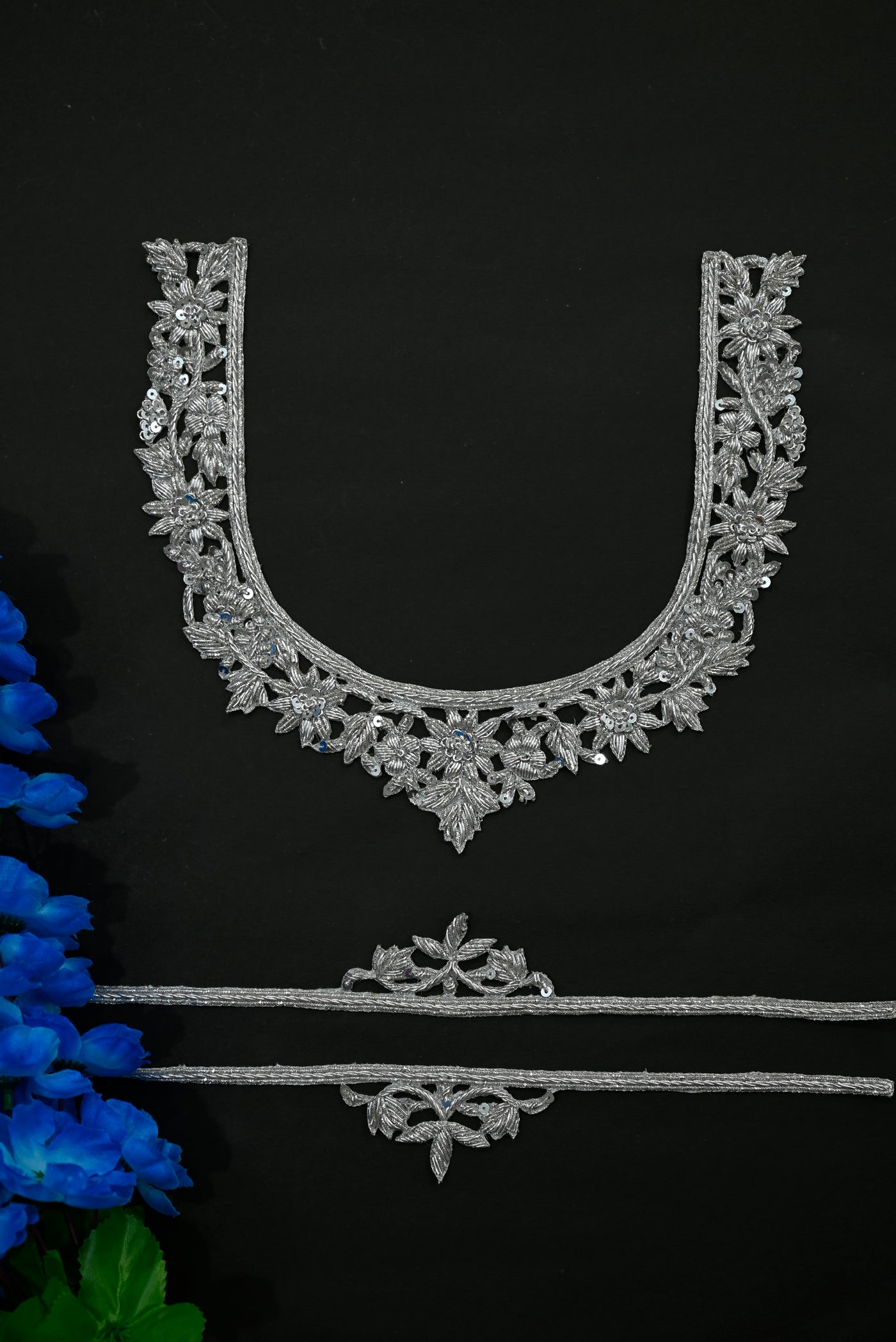 Metallic Silver Hand Zardozi Embroidered Neckline Patch with Sleeves