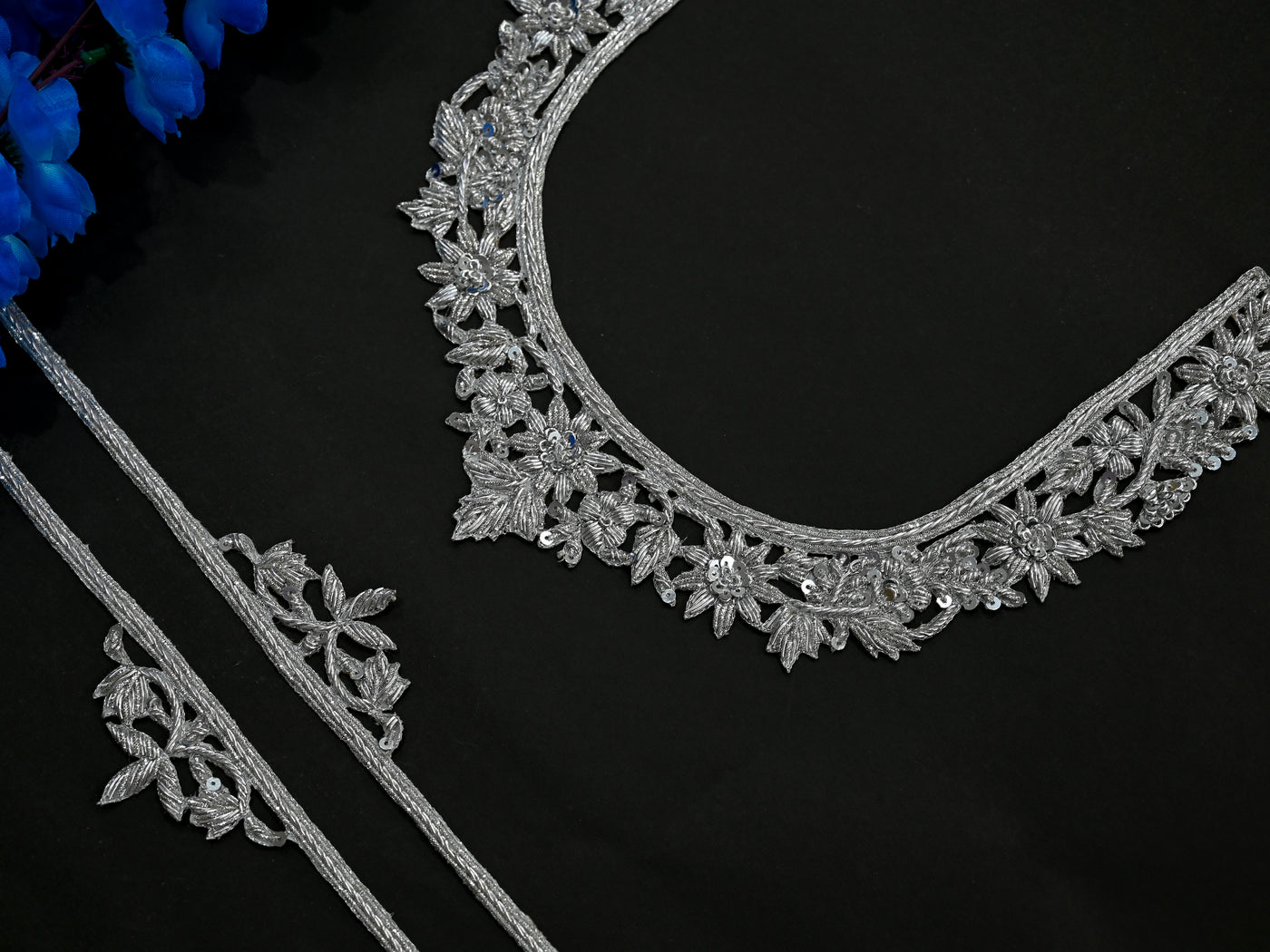 Metallic Silver Hand Zardozi Embroidered Neckline Patch with Sleeves