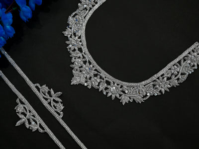 Metallic Silver Hand Zardozi Embroidered Neckline Patch with Sleeves