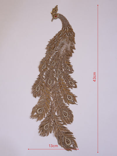 Antique Gold Zardozi Large Peacock Applique Sew On Patch