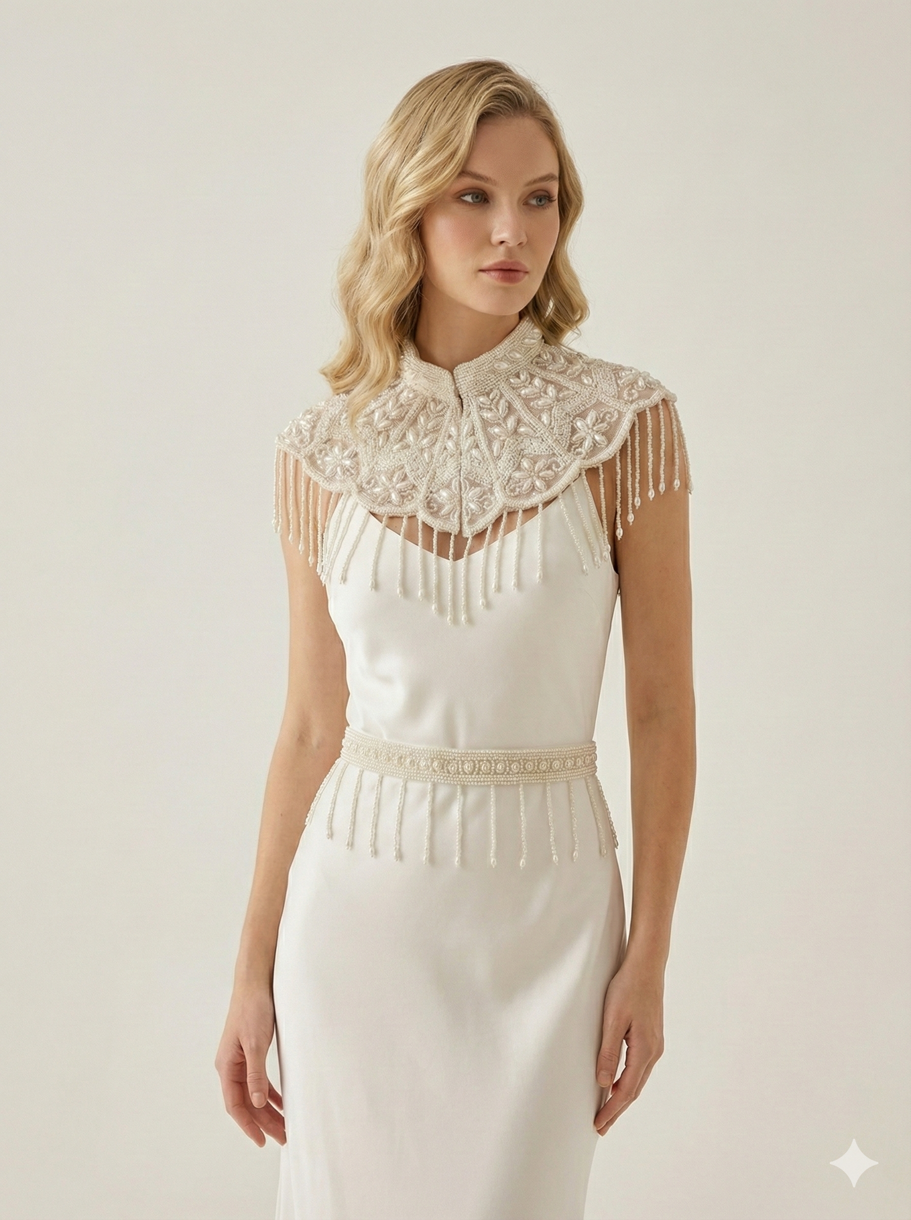 Pearl Embroidered Beaded Mini Cape with Belt: Wedding & Evening Cover-Up Capelet