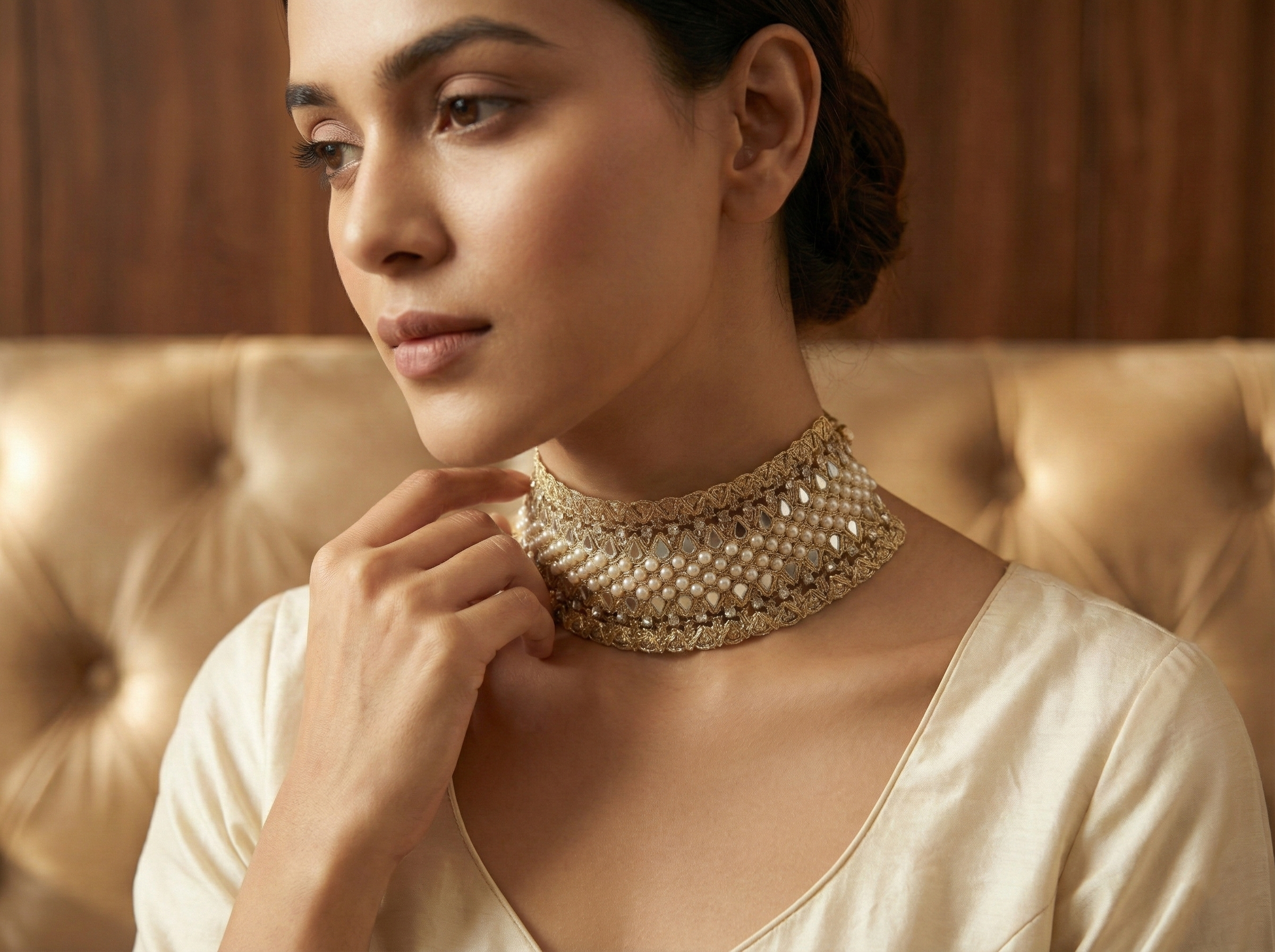 Pearl & Mirror Bohemian Choker: Handmade Ethnic Wedding Collar