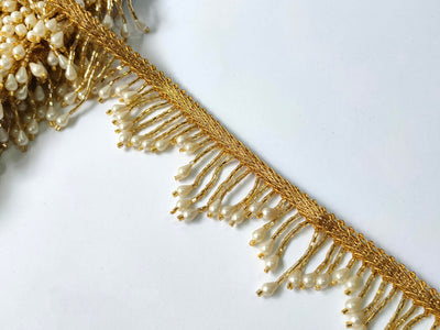 4.5 Yards - Champagne Gold Glass Pipes Suspended Fringe Trim 3.5cm Wide