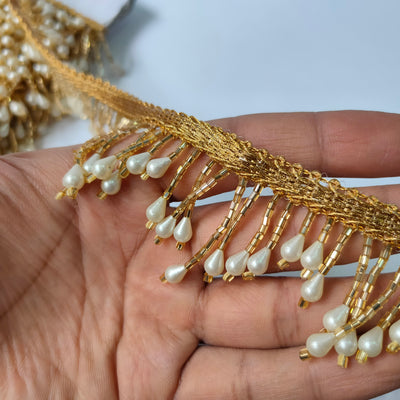 4.5 Yards - Champagne Gold Glass Pipes Suspended Fringe Trim 3.5cm Wide