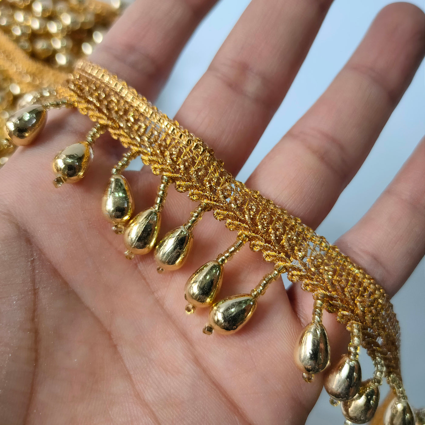 4 Yards - Shiny Gold Raindrop Suspended Beaded Trim 2.5cm Wide