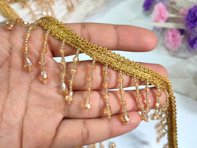 4 Yards - Champagne Gold Glass Crystal Latkan Trim 6 cm Wide