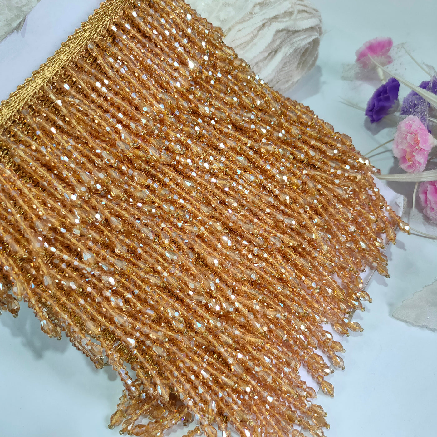 4 Yards - Champagne Gold Glass Crystal Latkan Trim 6 cm Wide