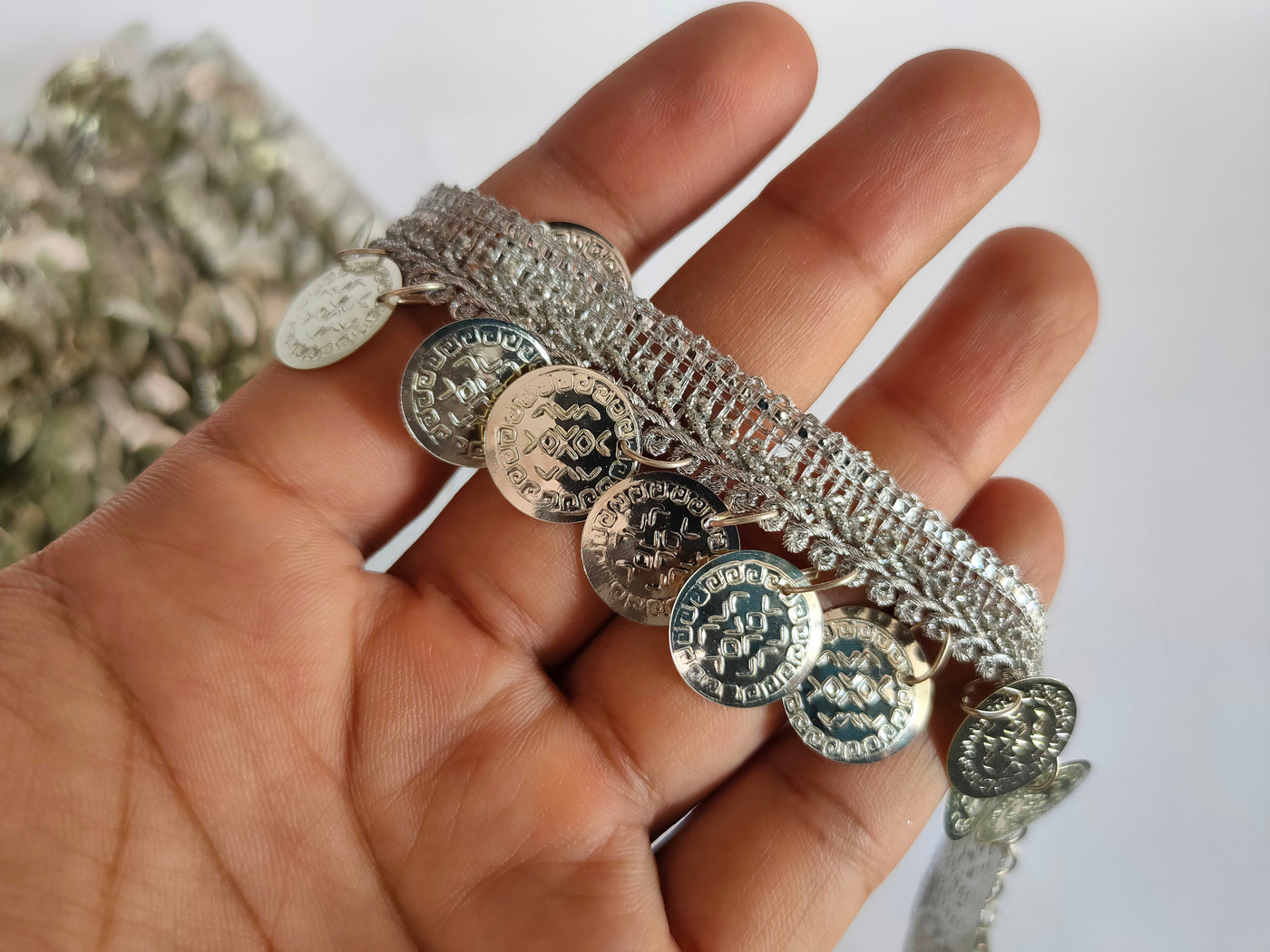 9 Yards- Silver Suspended Coins Beaded Trim 3cm Wide