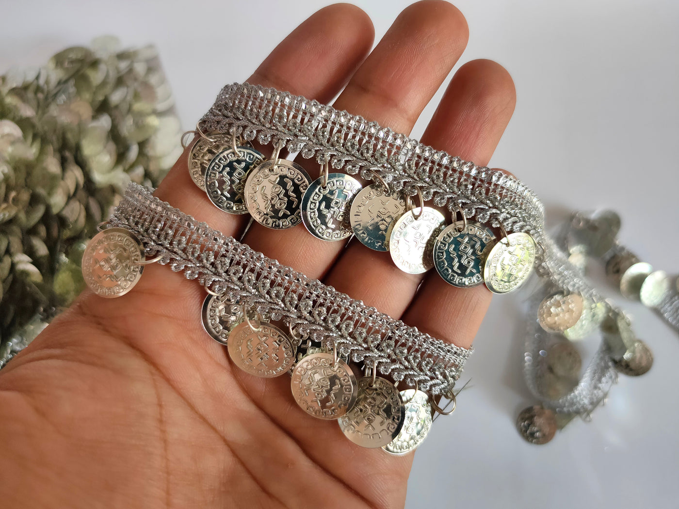 9 Yards- Silver Suspended Coins Beaded Trim 3cm Wide