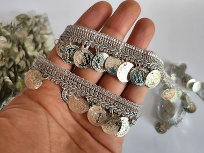 9 Yards- Silver Suspended Coins Beaded Trim 3cm Wide