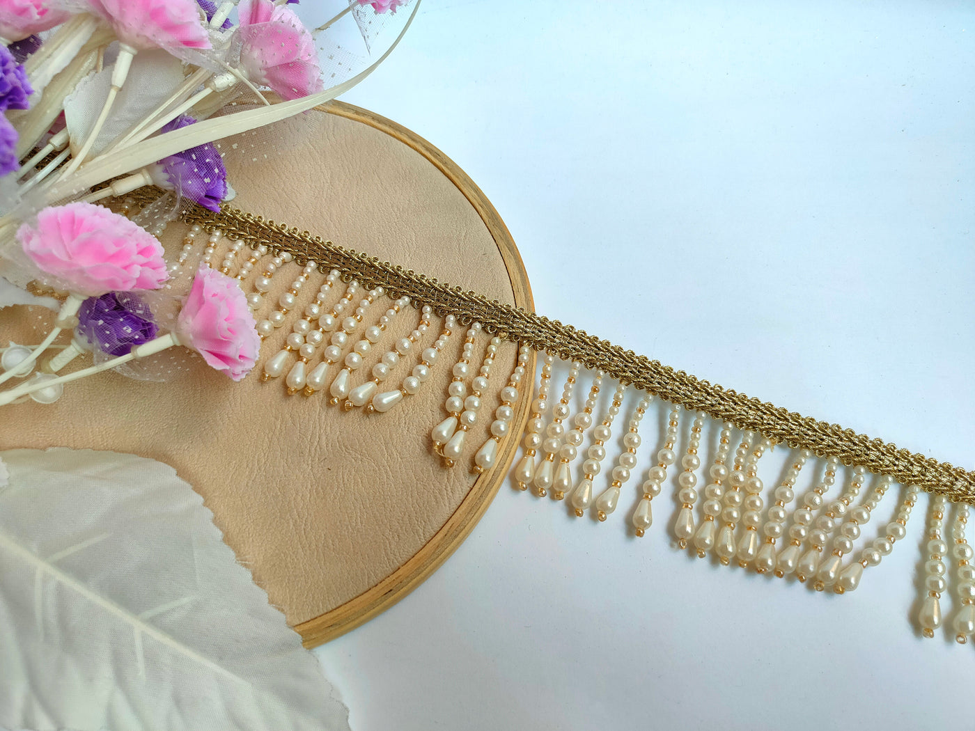 3 Yards - Off White Suspended Pearl Beads Fringe Trim 6cm Wide