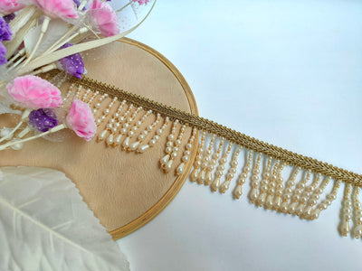 3 Yards - Off White Suspended Pearl Beads Fringe Trim 6cm Wide
