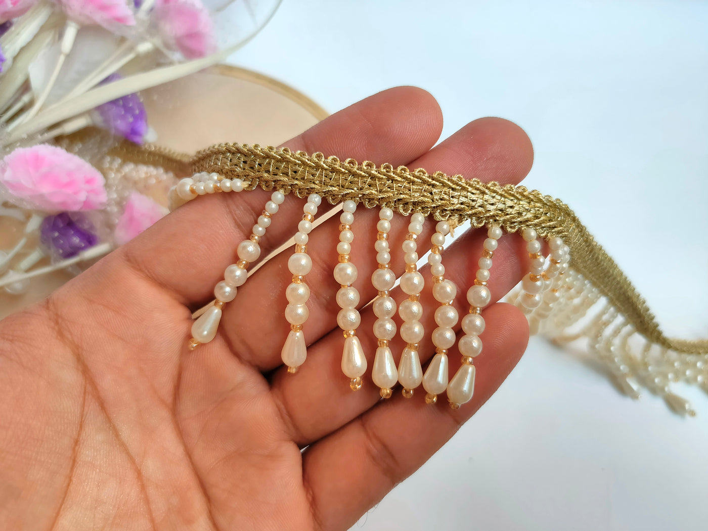 3 Yards - Off White Suspended Pearl Beads Fringe Trim 6cm Wide
