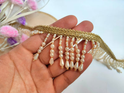 3 Yards - Off White Suspended Pearl Beads Fringe Trim 6cm Wide