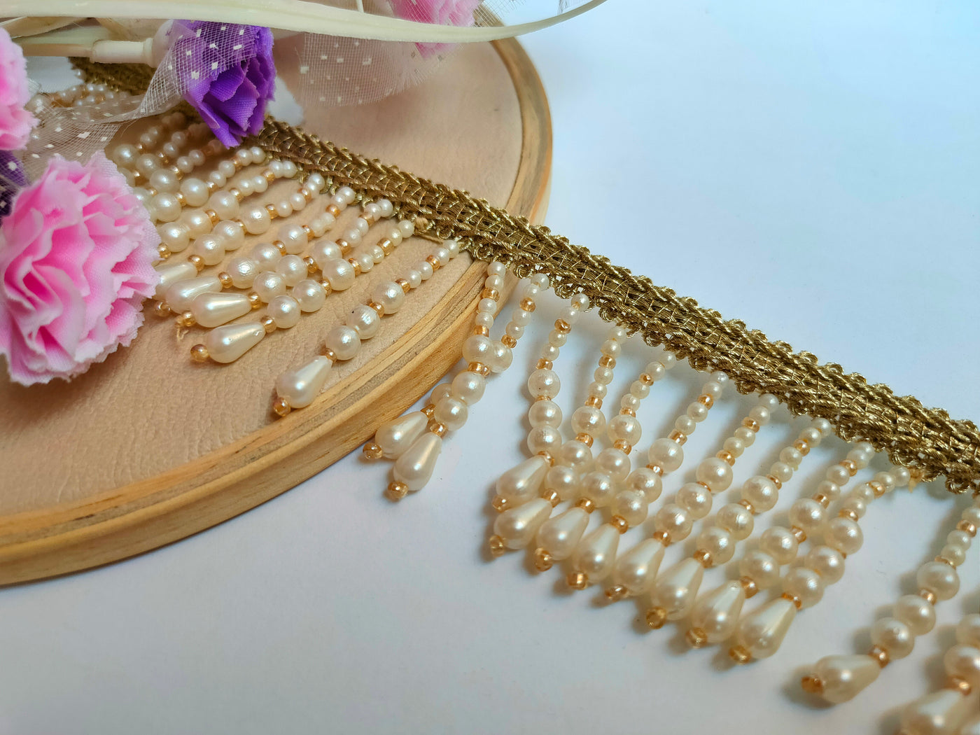 3 Yards - Off White Suspended Pearl Beads Fringe Trim 6cm Wide