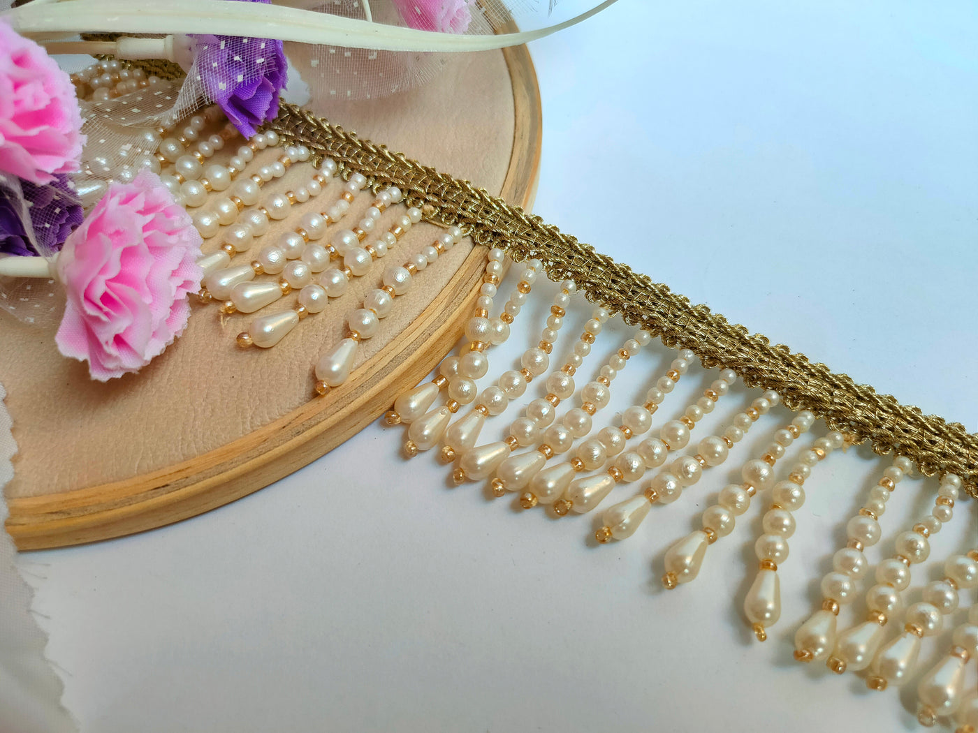 3 Yards - Off White Suspended Pearl Beads Fringe Trim 6cm Wide