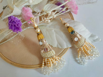 1 Pair Creme Pearl Tassels, Embroidered Hanging Latkan with Crystal