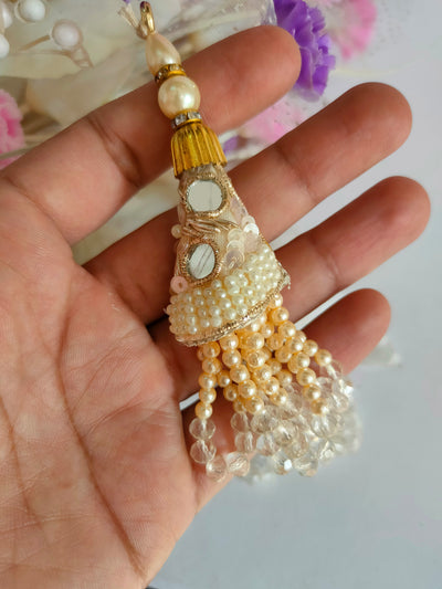 1 Pair Creme Pearl Tassels, Embroidered Hanging Latkan with Crystal