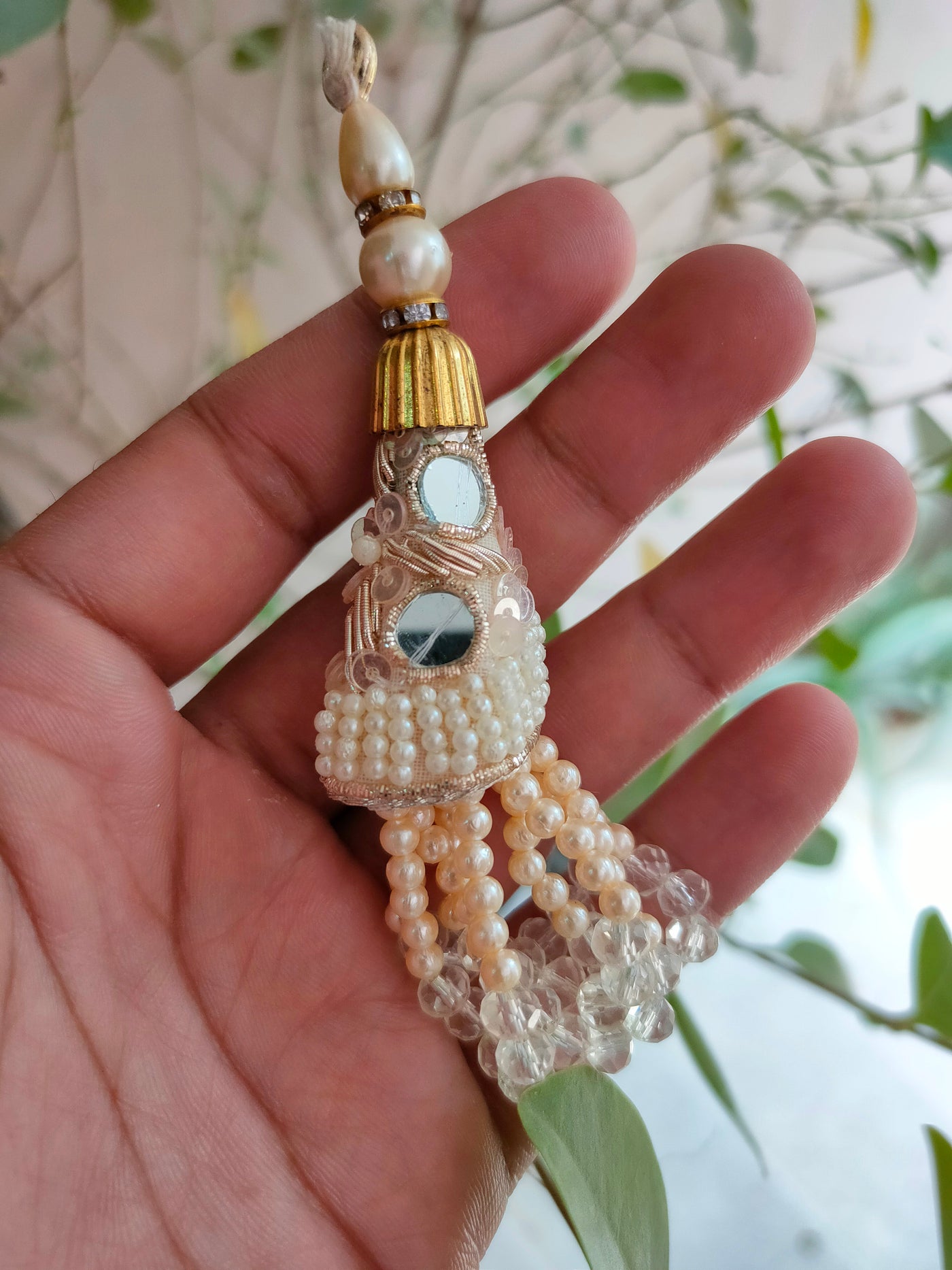 1 Pair Creme Pearl Tassels, Embroidered Hanging Latkan with Crystal