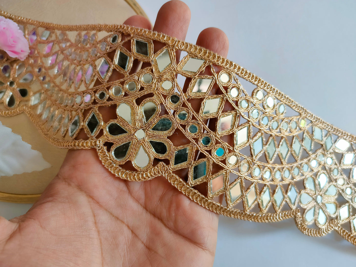 Rose Gold Scalloped Designer Mirror Trim Lace by Yard