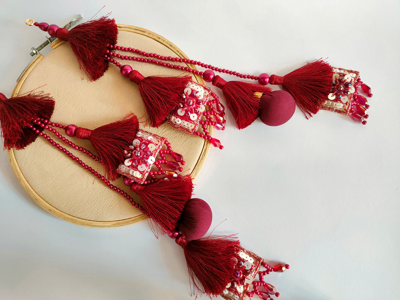 Dark Red Crystal & Pearl Thread Latkan - 1 Pair