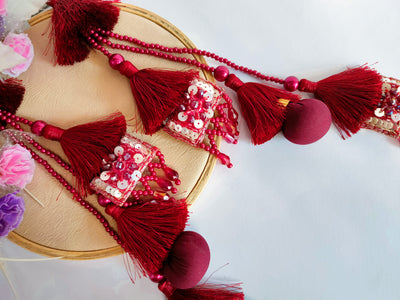 Dark Red Crystal & Pearl Thread Latkan - 1 Pair