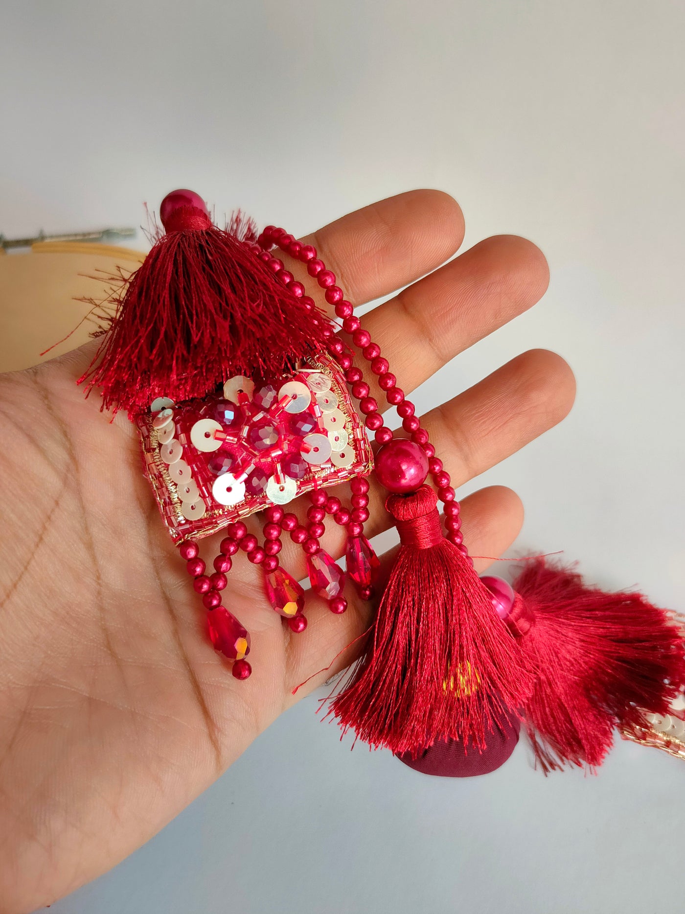 Dark Red Crystal & Pearl Thread Latkan - 1 Pair