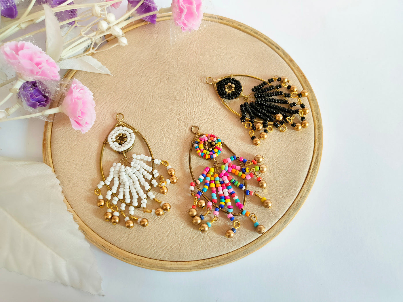 Set of 4 - Metallic Leaf Shaped Beaded Suspended Tassels 8x4 cm