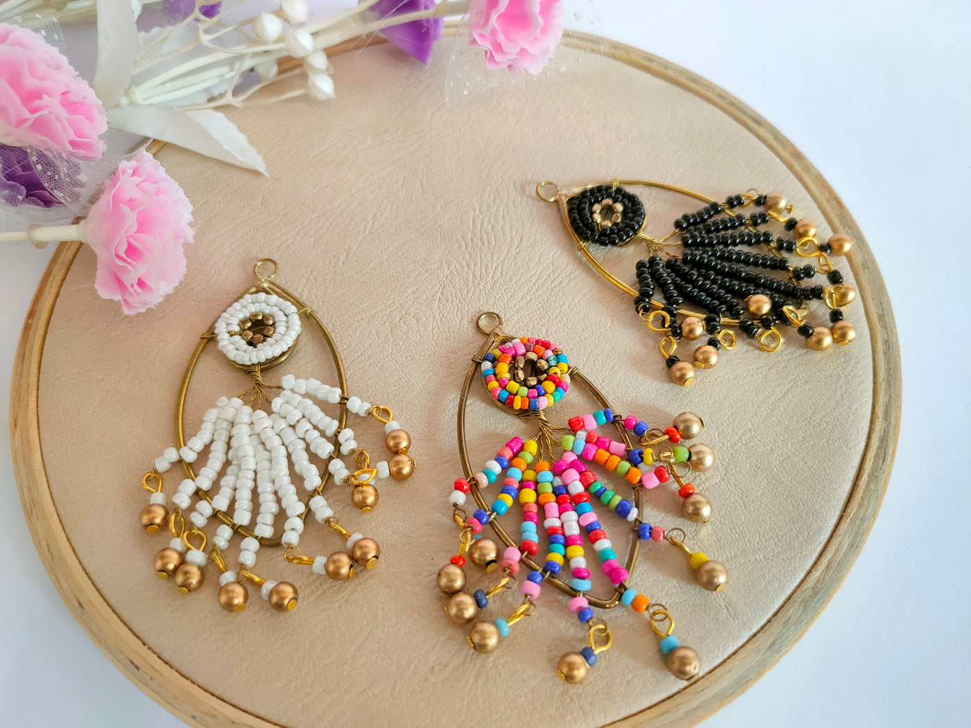 Set of 4 - Metallic Leaf Shaped Beaded Suspended Tassels 8x4 cm