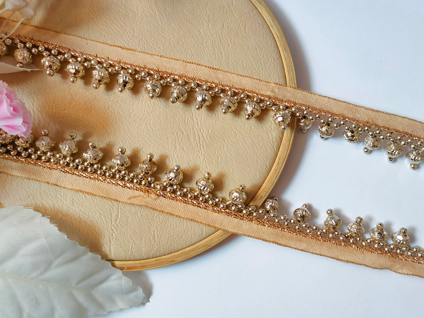 4 Yards - Gold Beaded Tassel Trim Dupatta Sari Lehenga Lace 2.5cm Wide