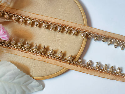 4 Yards - Gold Beaded Tassel Trim Dupatta Sari Lehenga Lace 2.5cm Wide