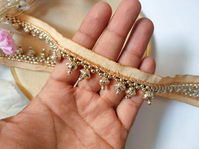 4 Yards - Gold Beaded Tassel Trim Dupatta Sari Lehenga Lace 2.5cm Wide