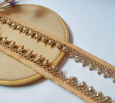 4 Yards - Gold Beaded Tassel Trim Dupatta Sari Lehenga Lace 2.5cm Wide
