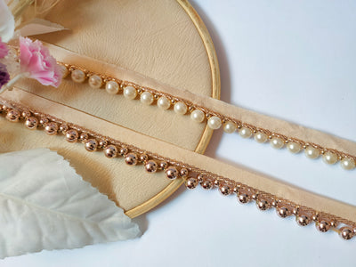4 Yards - Off White/ Rose Gold Pearl Narrow Trim Lace for Sari 2cm Wide