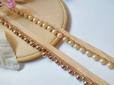 4 Yards - Off White/ Rose Gold Pearl Narrow Trim Lace for Sari 2cm Wide