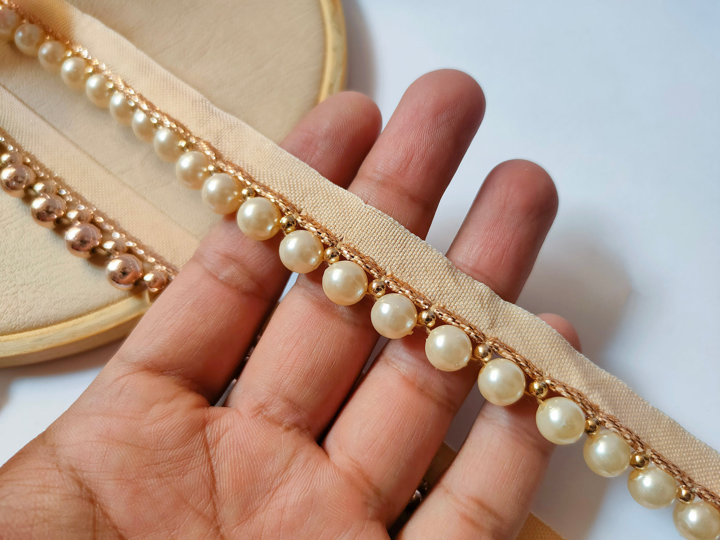 4 Yards - Off White/ Rose Gold Pearl Narrow Trim Lace for Sari 2cm Wide