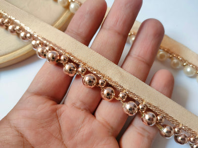 4 Yards - Off White/ Rose Gold Pearl Narrow Trim Lace for Sari 2cm Wide