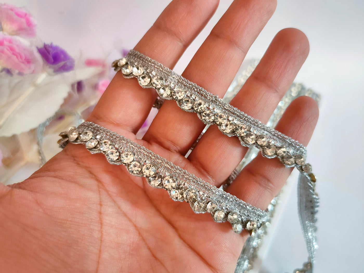 9 Yards - Silver Zircon Embellished Gorgeous Lace Border