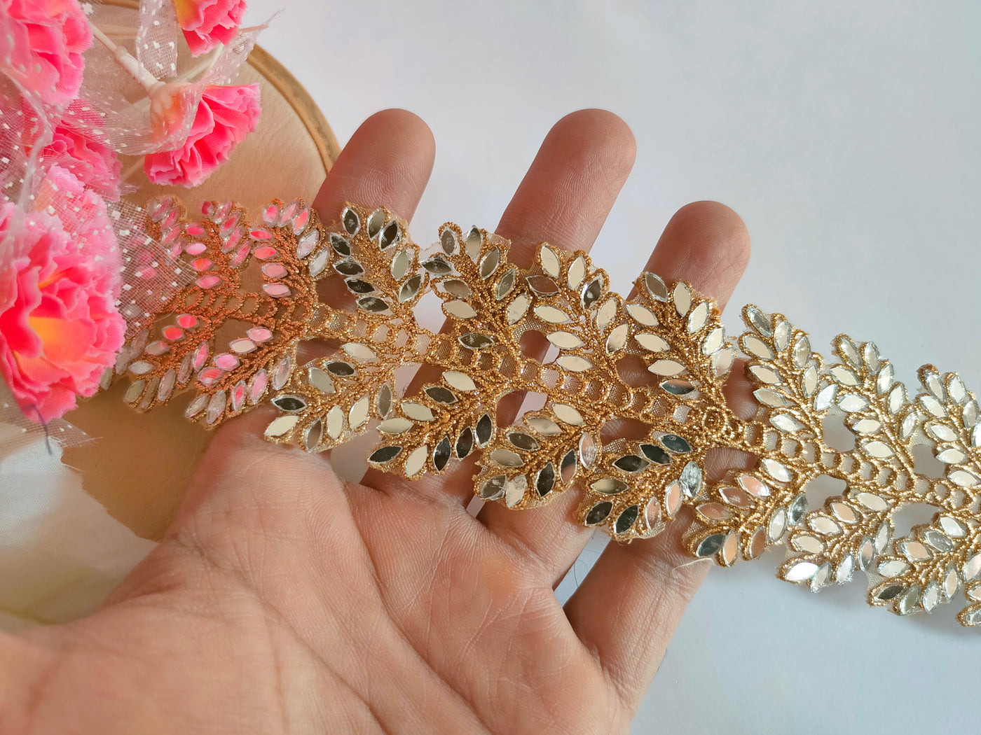 Gold Symmetric Arrow Design Mirror Cutwork Lace - 3 Yards Long