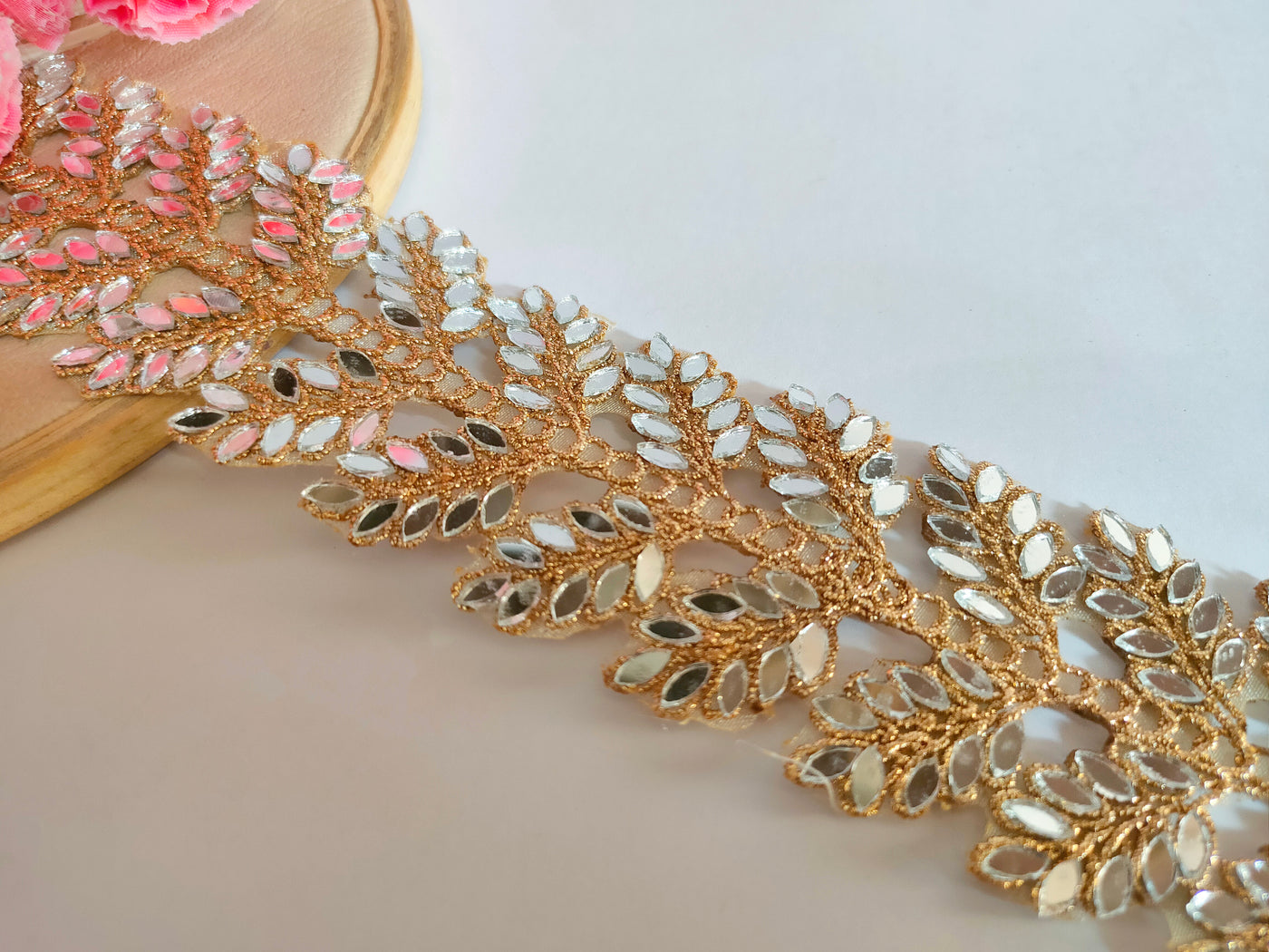 Gold Symmetric Arrow Design Mirror Cutwork Lace - 3 Yards Long