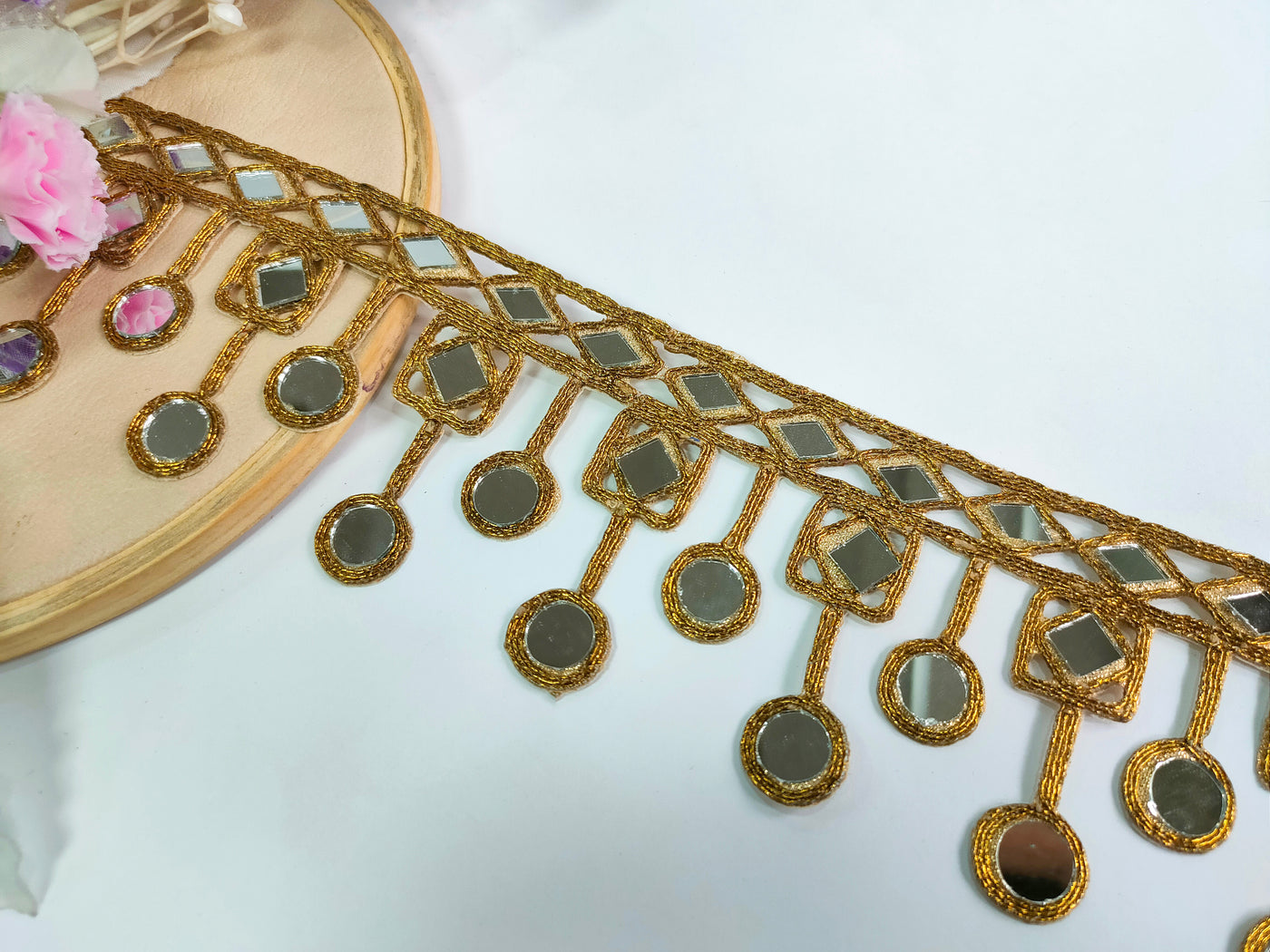 Dark Gold Symmetric Mirror Trim, Cutwork Suspended Lace - 3 Yards