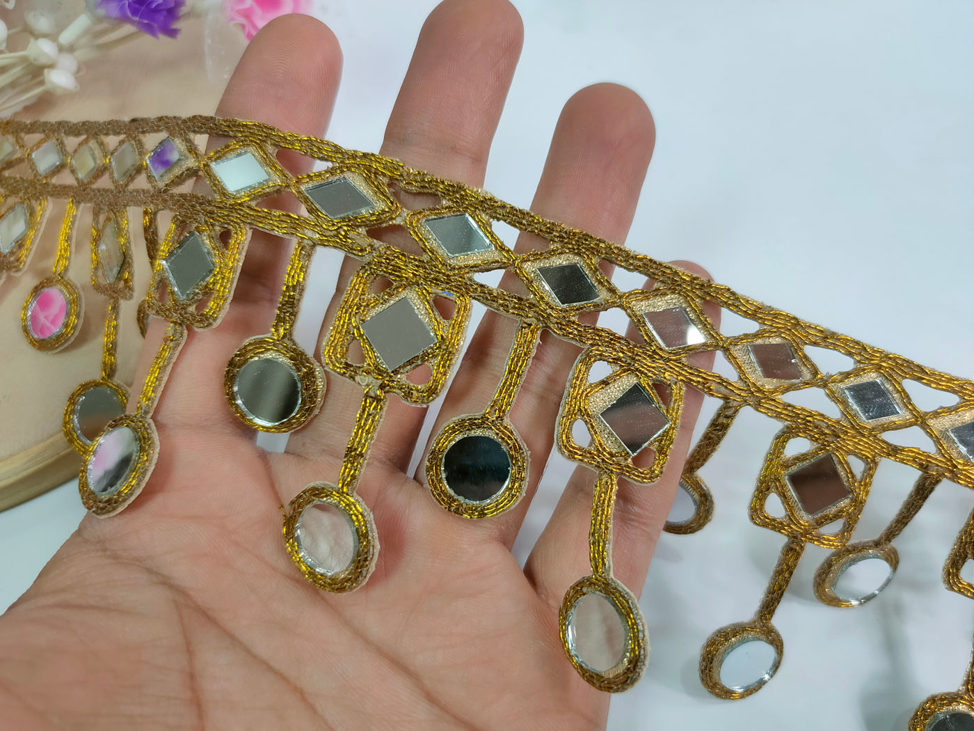 Dark Gold Symmetric Mirror Trim, Cutwork Suspended Lace - 3 Yards